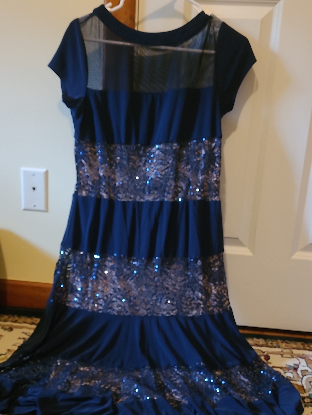 R&M Richards Navy Sequin Tiered Maxi Dress